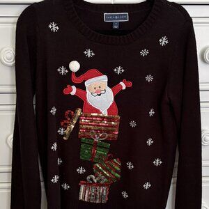 Festive Santa & Presents Sequin Holiday Sweater - M - FREE SHIPPING!